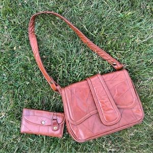 Vintage Leather patchwork Bag with matching wallet - set